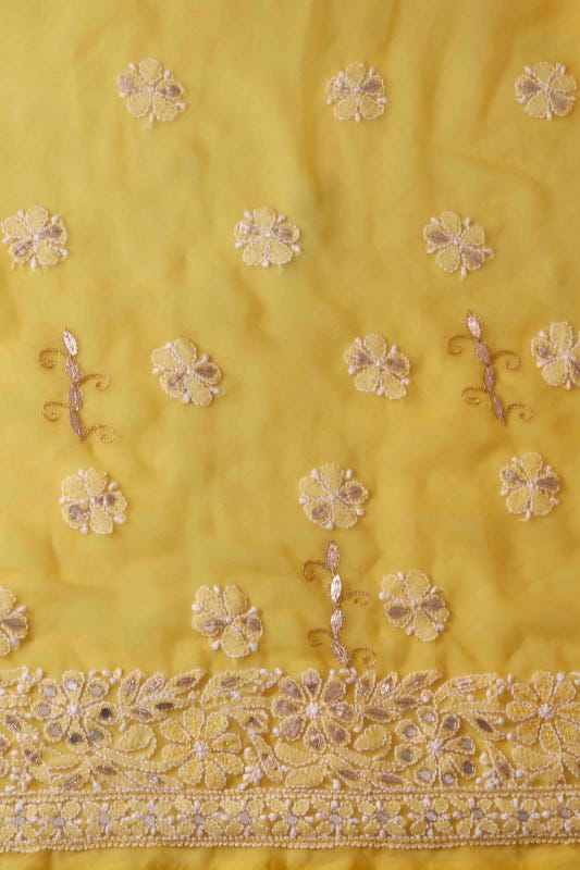 Ada Hand Embroidered Sunglow Yellow Georgette Lucknowi Chikan Unstitched Kurta Dupatta With Gota patti Work A602511