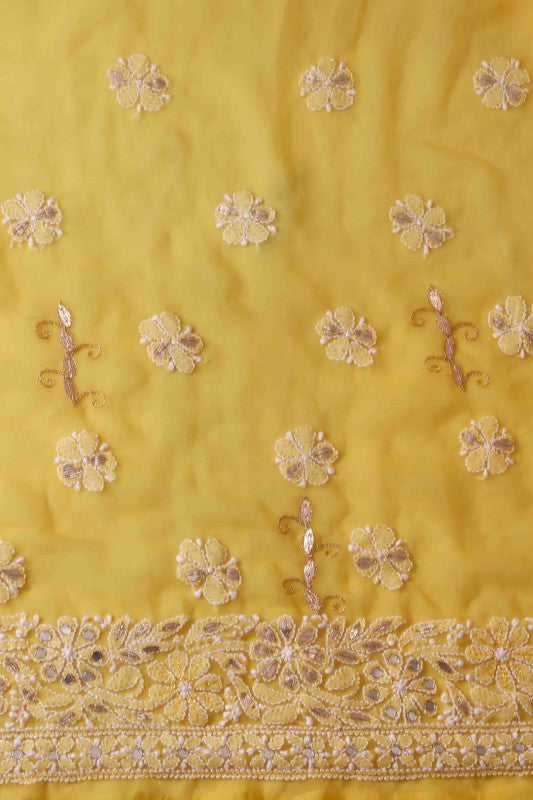 Ada Hand Embroidered Sunglow Yellow Georgette Lucknowi Chikan Unstitched Kurta Dupatta With Gota patti Work A602511