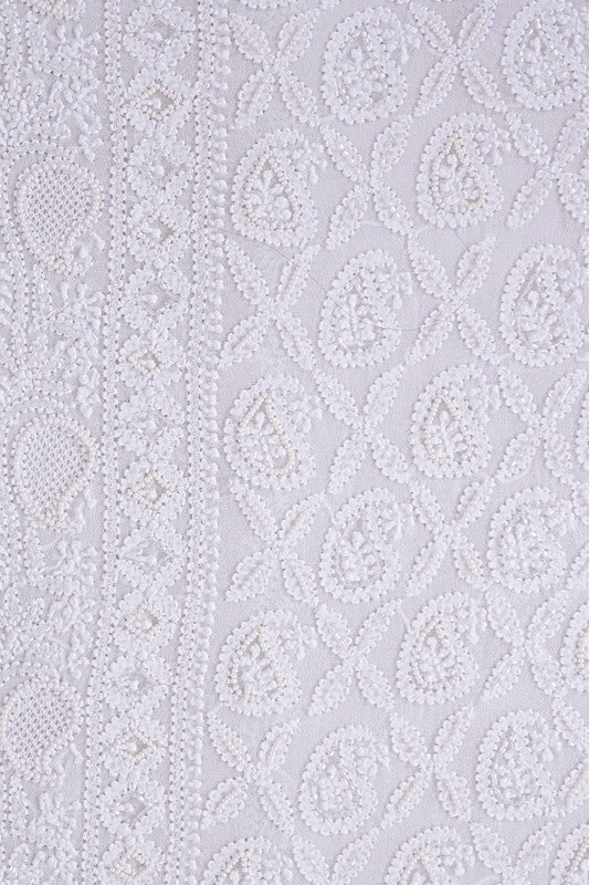 Ada Hand Embroidered White Georgette Lucknowi Chikankari Unstitched Men's Kurta Piece With Pearl Work A581360