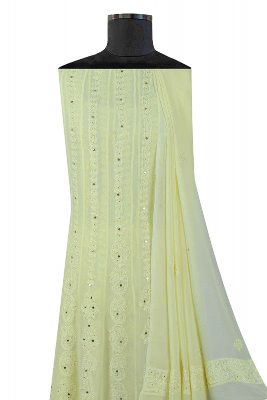 Ada Hand Embroidered Lemon Georgette Lucknowi Chikankari Semi-Stitched Anarkali Kurta Dupatta Set With Muqaish Work A607089