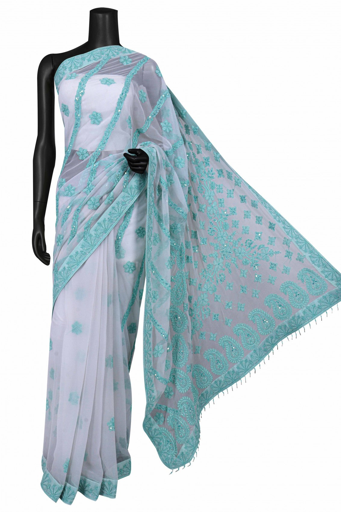 Ada Hand Embroidered White Georgette Lucknowi Chikankari Saree/Blouse With Pearl Work A354465