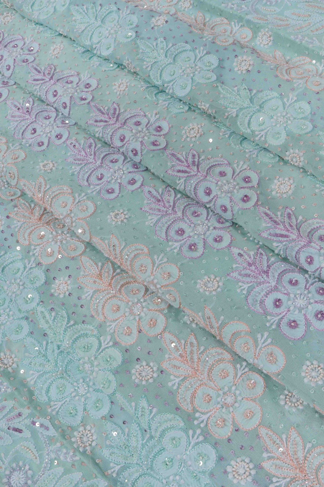 Ada Hand Embroidered Mint Green Pure Georgette Lucknowi Chikankari Saree/Blouse With Pearl Work 01A160567