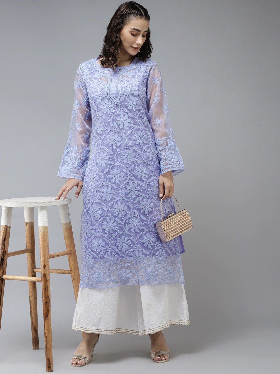 Ada Hand Embroidered Mauve Organza Lucknowi Chikankari Kurta With Slip- A411240