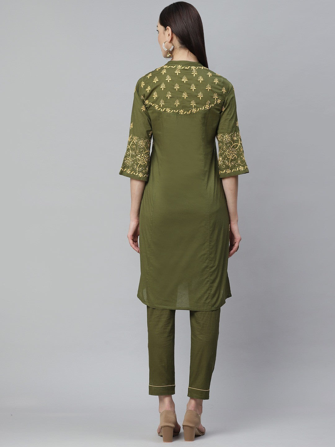 Ada Hand Embroidered Olive Green Cotton Lucknowi Chikankari Straight Kurta With Trouser Set A811134