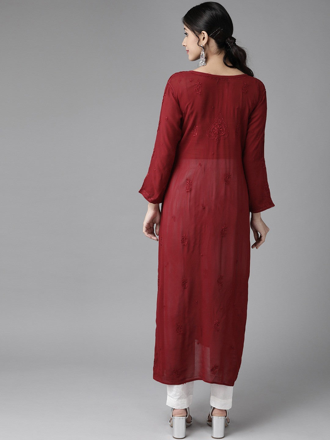 Ada Hand Embroidered Maroon Georgette Lucknowi Chikan Kurta A411183