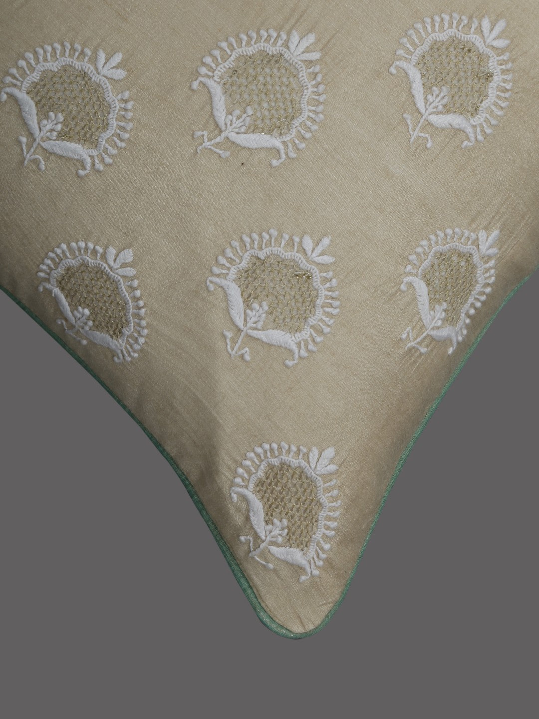 Ada Hand Embroidered Fawn Tusser Silk Lucknow Chikankari Cushion Cover-A507397