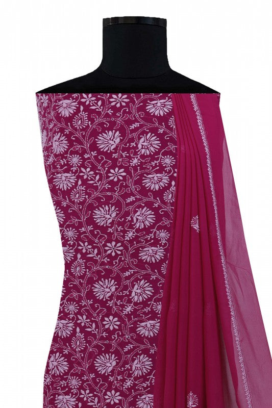 Ada Hand Embroidered Magenta Pure Georgette Lucknowi Chikan Unstitched Kurta Dupatta Set- A583323