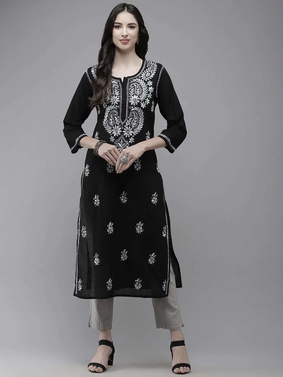 Ada Hand Embroidered Black Cotton Lucknow Chikankari Straight Kurta A411280