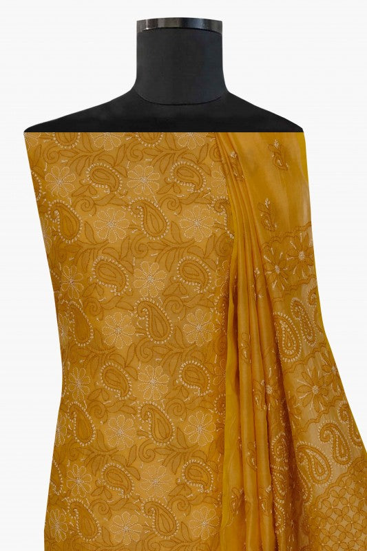 Ada Hand Embroidered Mustard Chanderi Lucknowi Chikan Unstitched Kurta Dupatta Set - A609611