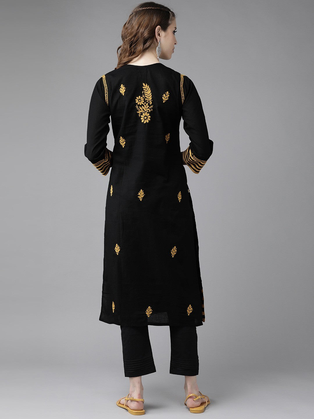 Ada Hand Embroidered Black Cotton Lucknowi Chikankari Straight Kurta Set A811184