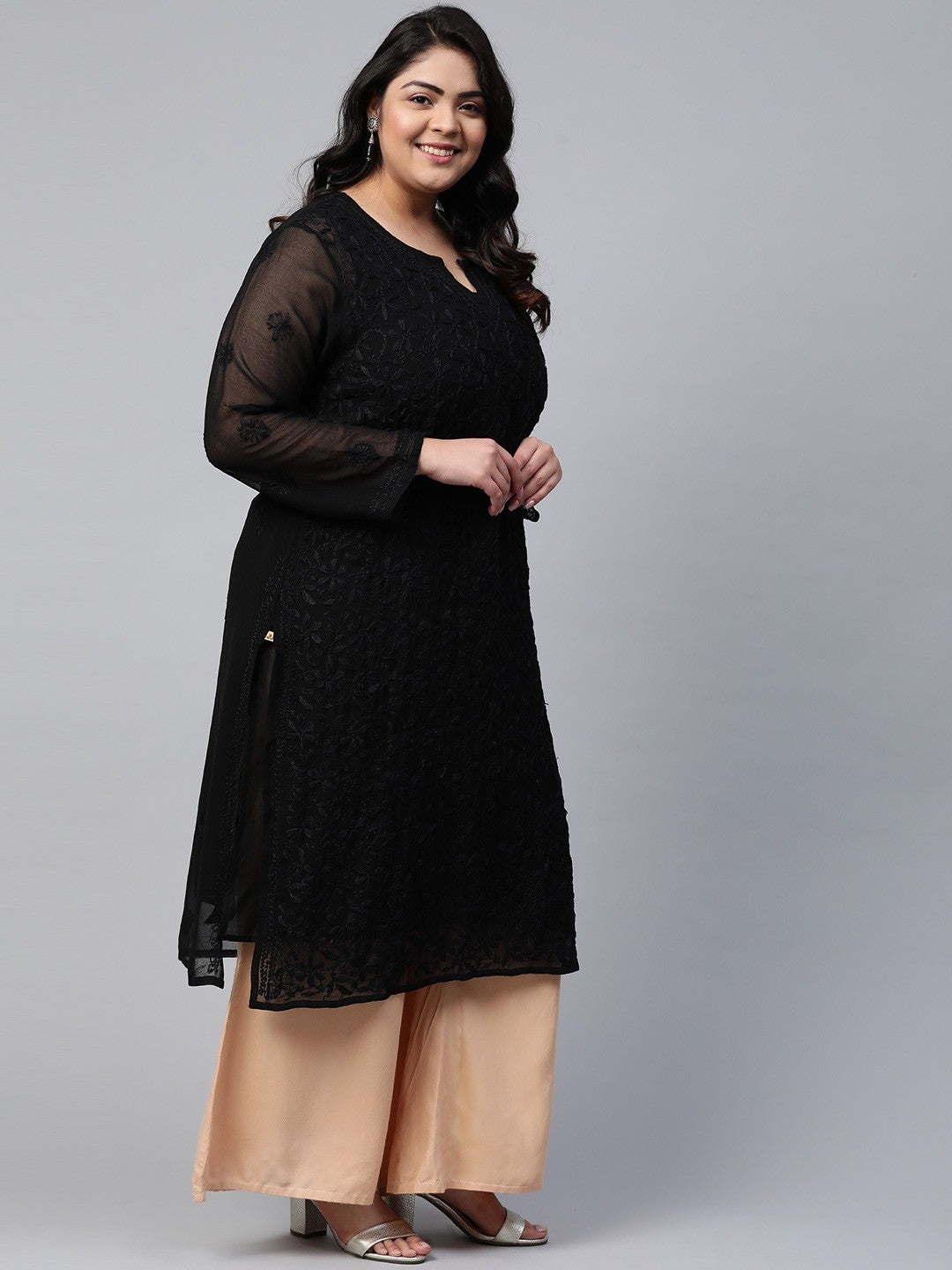Ada Hand Embroidered Black Georgette Lucknow Chikankari Straight Kurta with Slip A200509