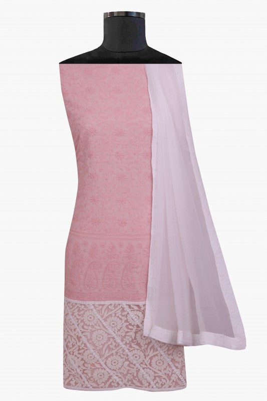 Ada Hand Embroidered Blush Pink/White Cotton Lucknowi Chikan Unstitched Suit Piece A605678