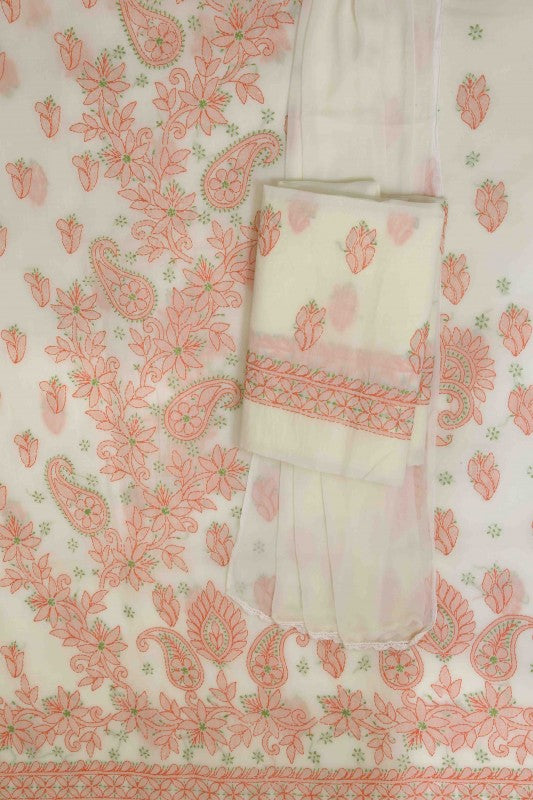 Ada Hand Embroidered Cream Cotton Lucknowi Chikan Unstitched Suit Piece - A211137