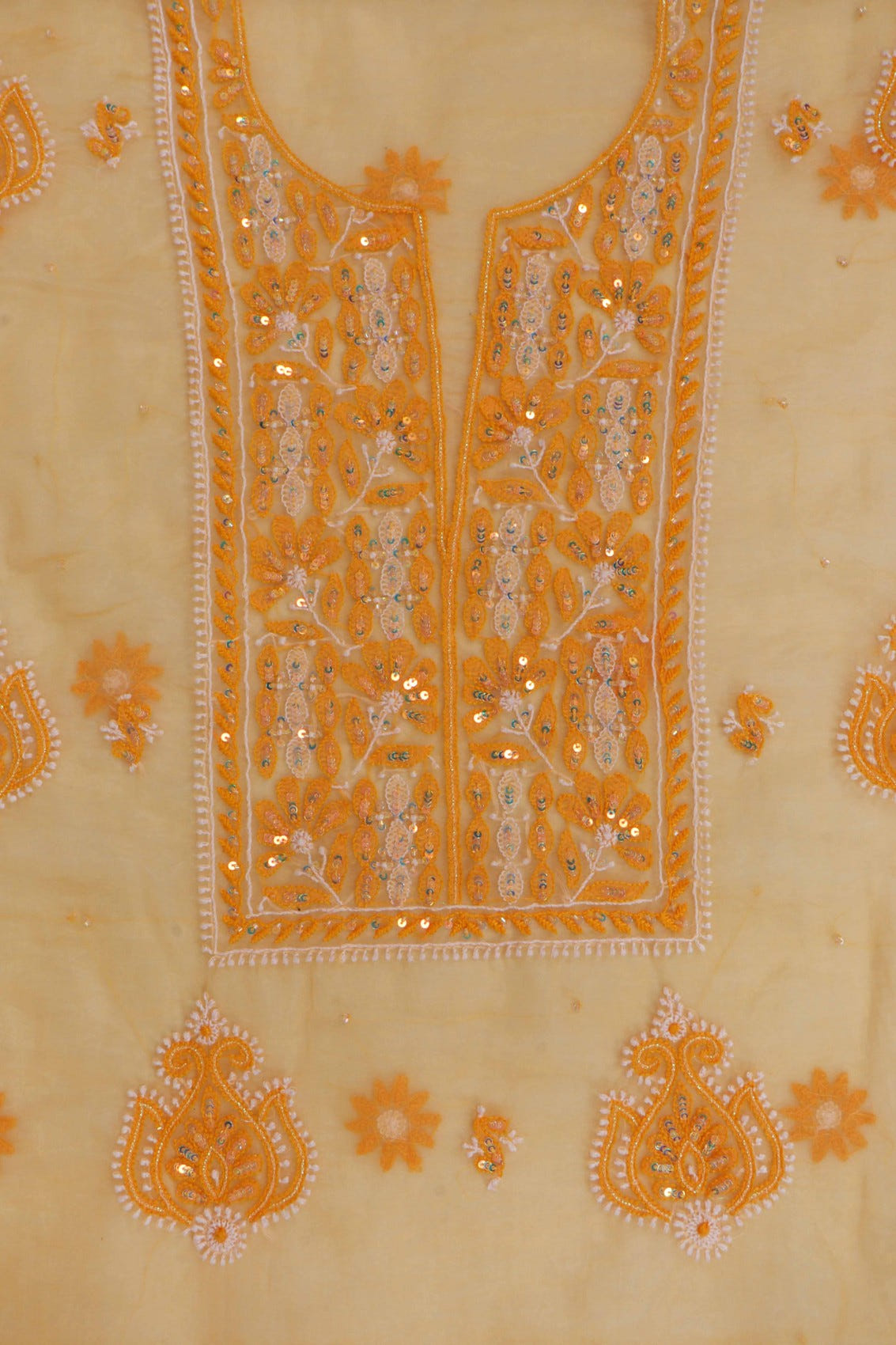 Ada Hand Embroidered Tangerine Orange Organza Lucknowi Chikankari Unstitched Kurta Dupatta Set With Sequinned Work 01A133669