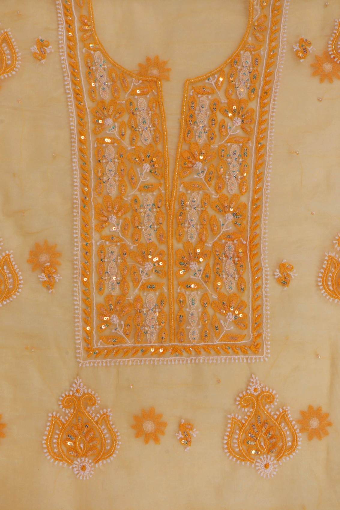 Ada Hand Embroidered Tangerine Orange Organza Lucknowi Chikankari Unstitched Kurta Dupatta Set With Sequinned Work 01A133669