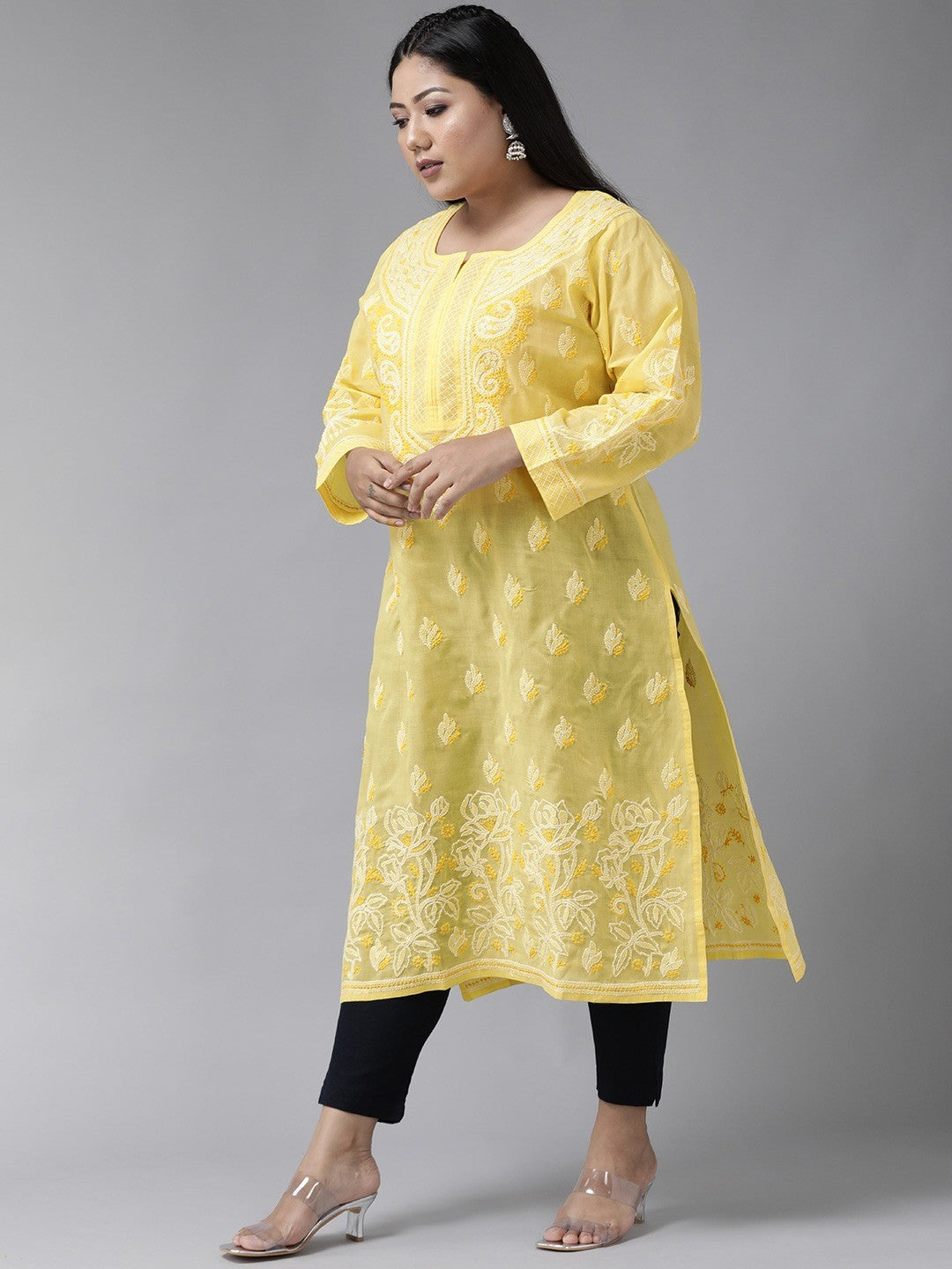 Ada Hand Embroidered Yellow Cotton Lucknowi Chikankari Straight Kurta A229829