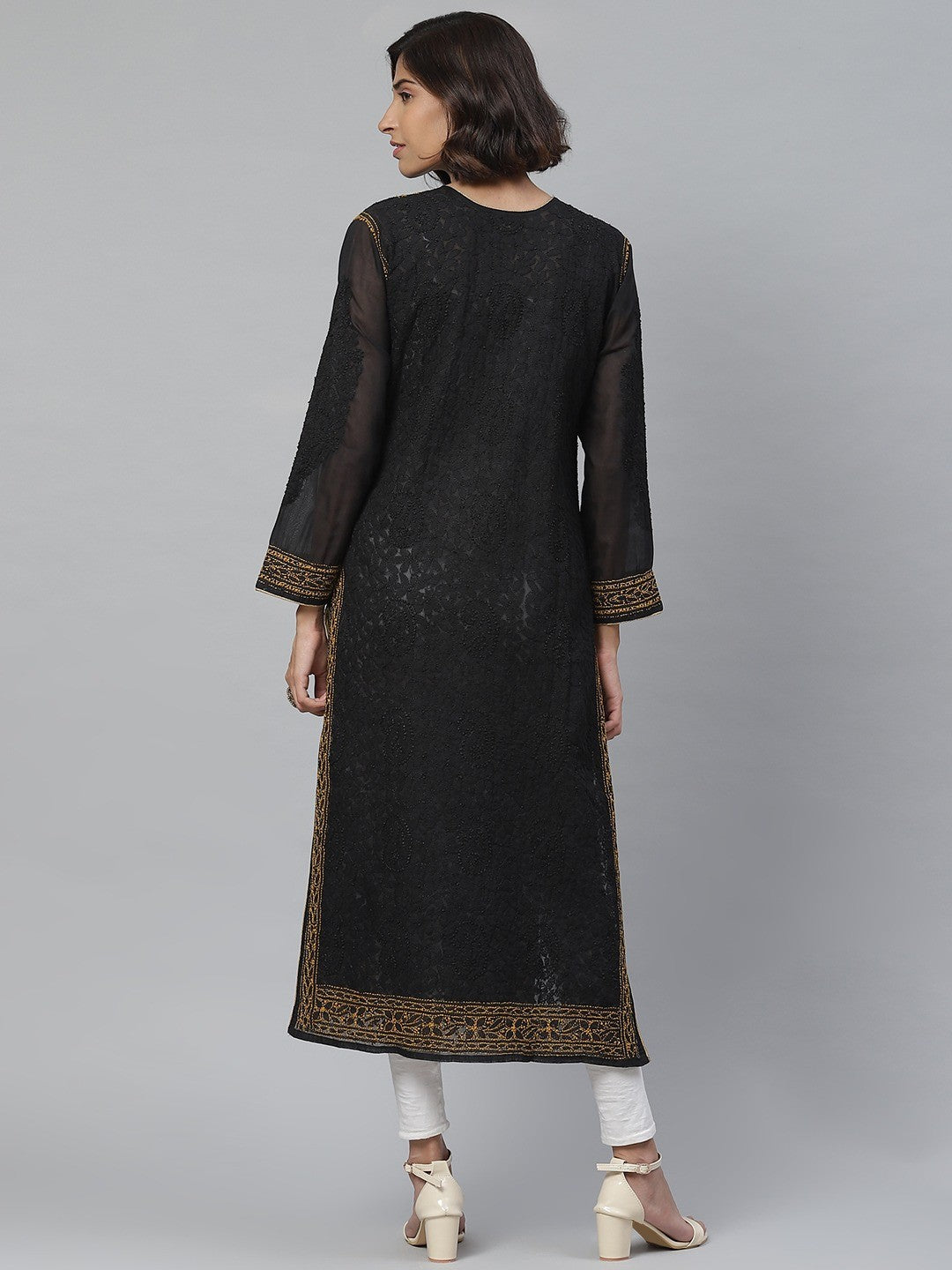 Ada Hand Embroidered Black Cotton Lucknow Chikankari Straight Kurta A411133