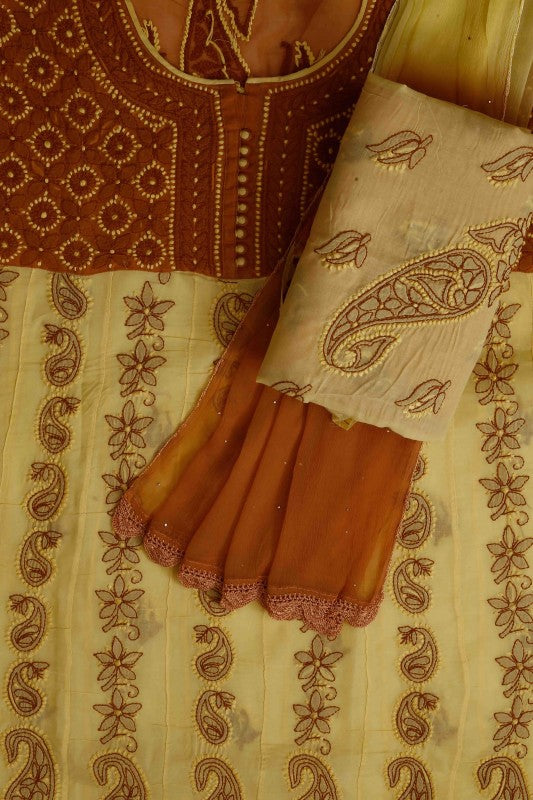 Ada Hand Embroidered Yellow Cotton Lucknowi Chikan Unstitched Suit Piece –A592874