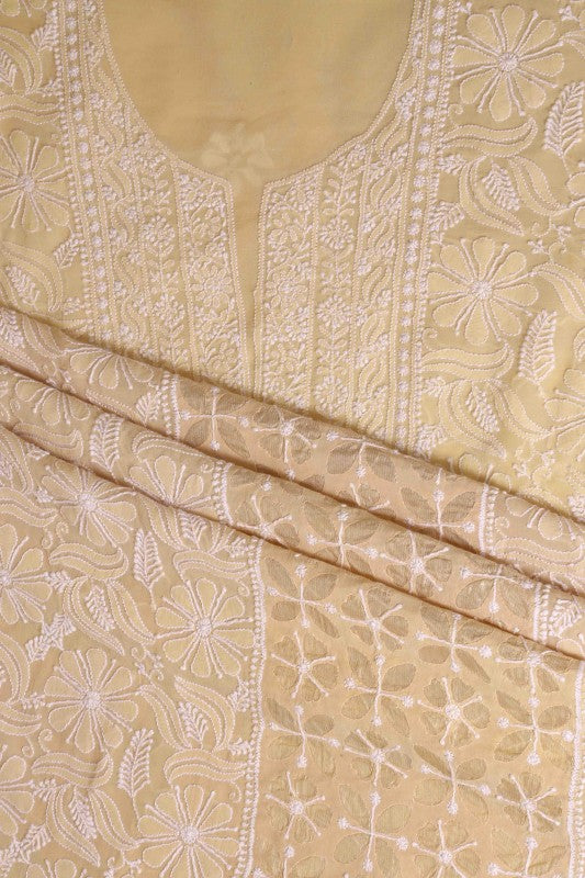 Ada Hand Embroidered Fawn Pure Georgette Lucknowi Chikan Unstitched Kurta Dupatta Set A306716