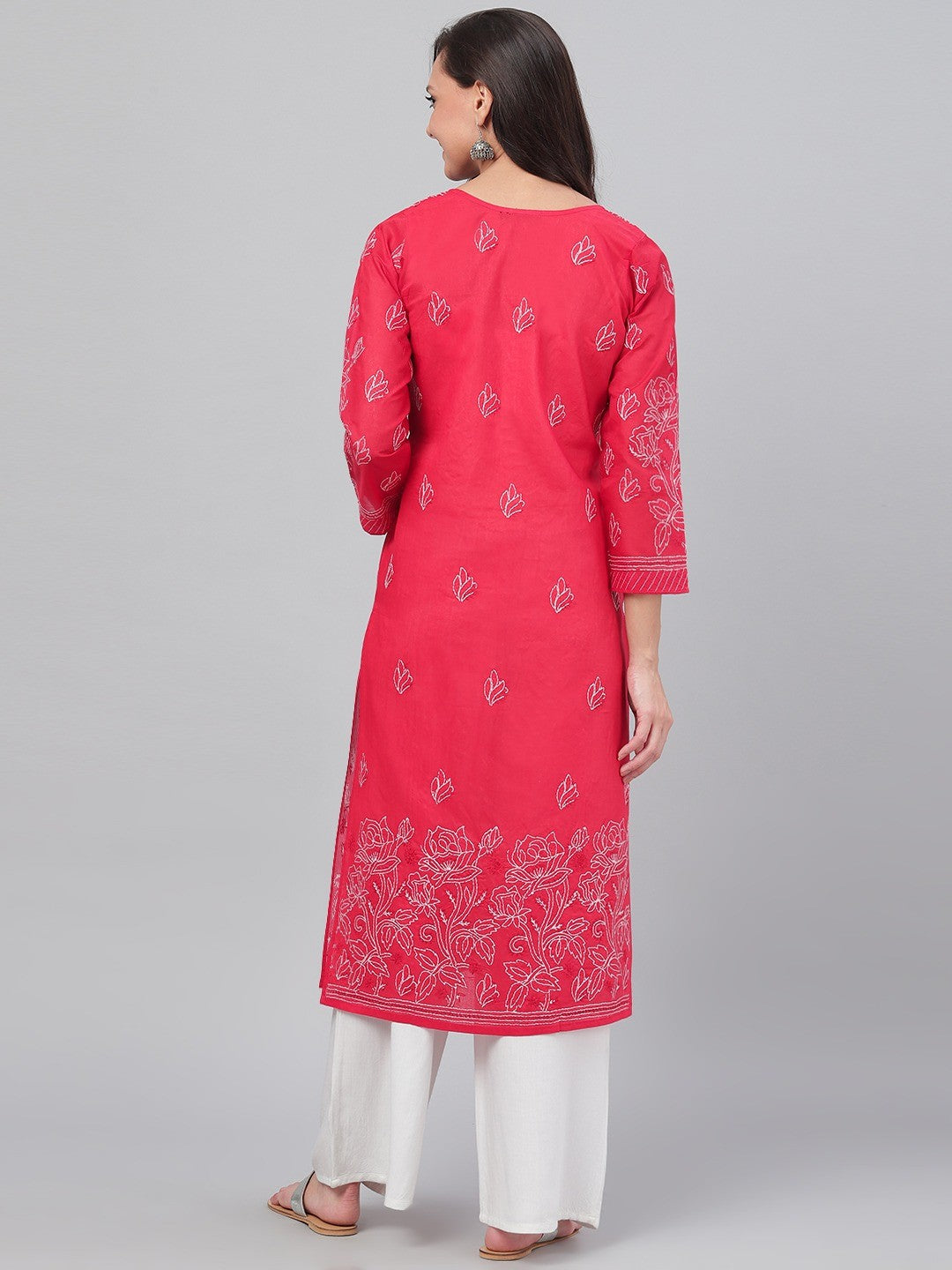 Ada Hand Embroidered Red Cotton Lucknowi Chikankari Straight Kurta A234087