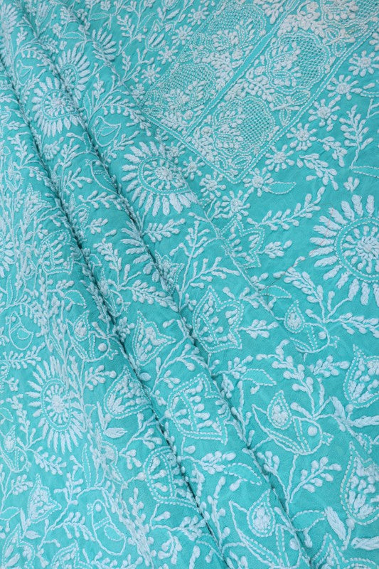 Ada Hand Embroidered Blue Pure Georgette Lucknowi Chikan Unstitched Kurta Dupatta Set A544138