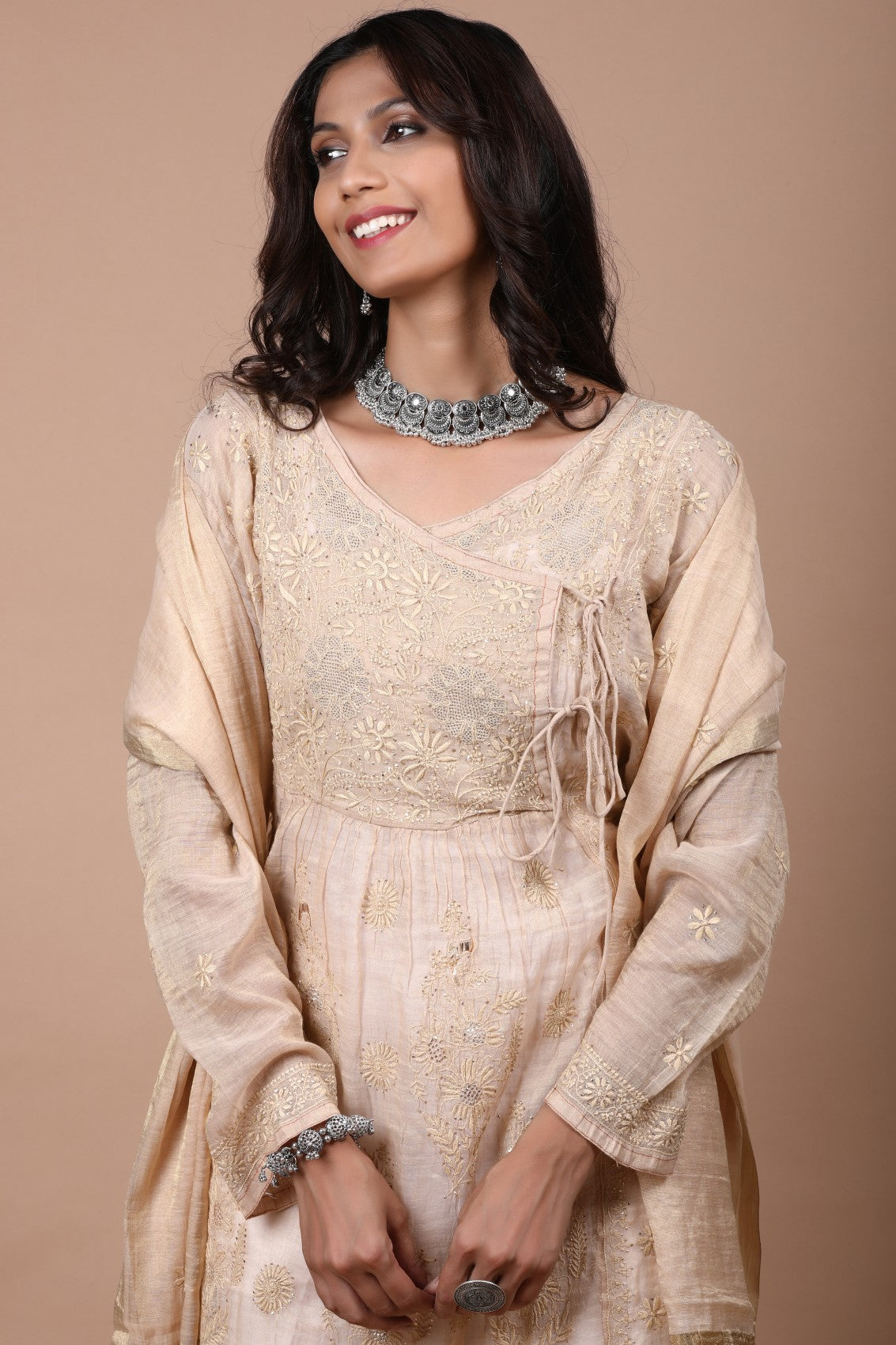 Ada Hand Embroidered Natural Fawn Tissue Lucknowi Chikankari Semi-stitched Kurta Dupatta Set With Muqaish Work 01A111783