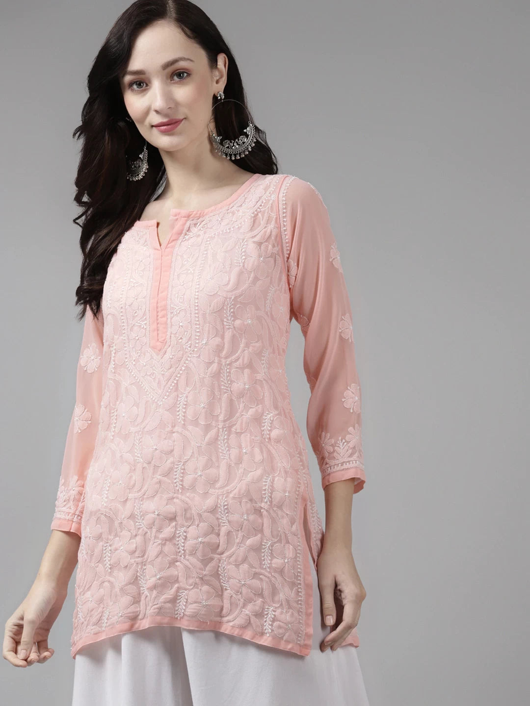 Ada Hand Embroidered Peach Georgette Lucknow Chikan Kurti A911153