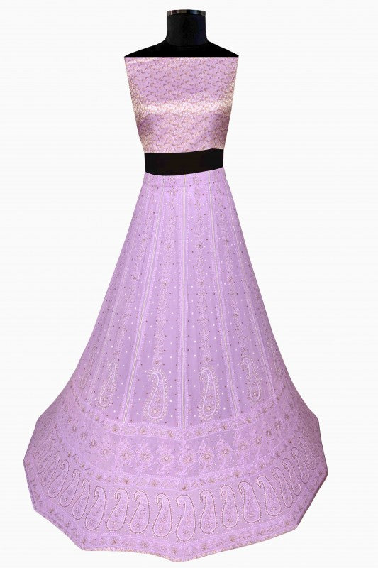 Ada Hand Embroidered Mauve Pure Georgette Lucknowi Chikankari Lehenga Set With Pearl Work A526545
