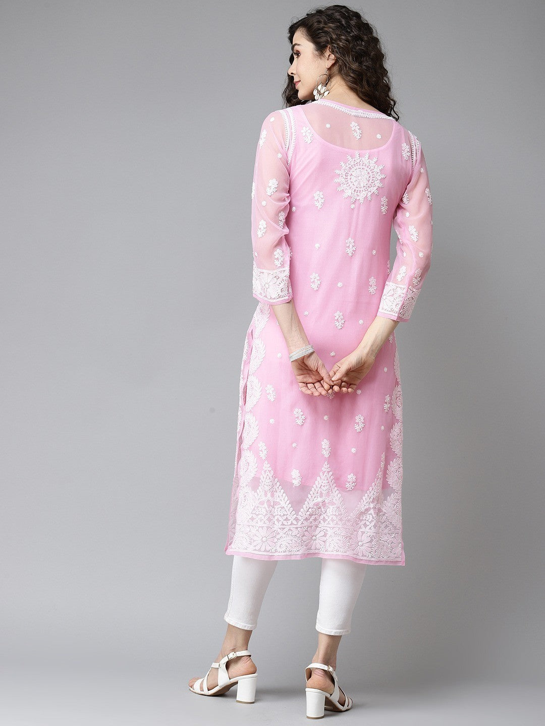 Ada Hand Embroidered Onion Pink Georgette Lucknowi Chikankari Straight Kurta With Slip A411197