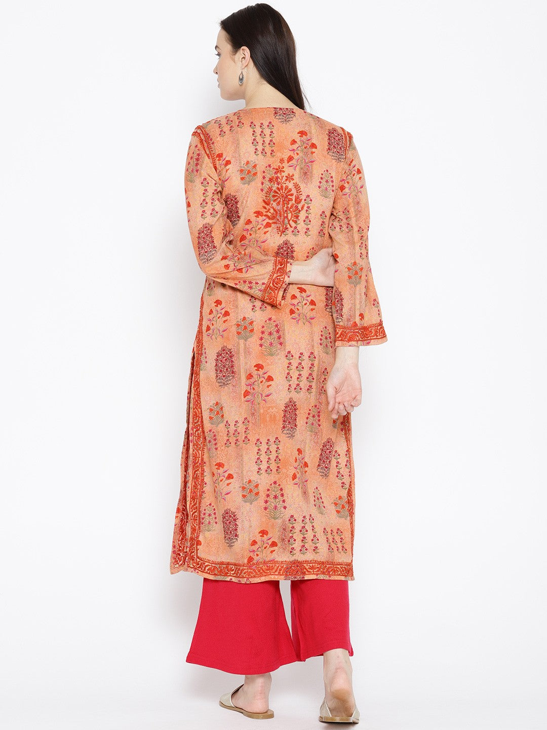 Ada Hand Embroidered Peach Printed Cotton Chikan Kurta- A100059