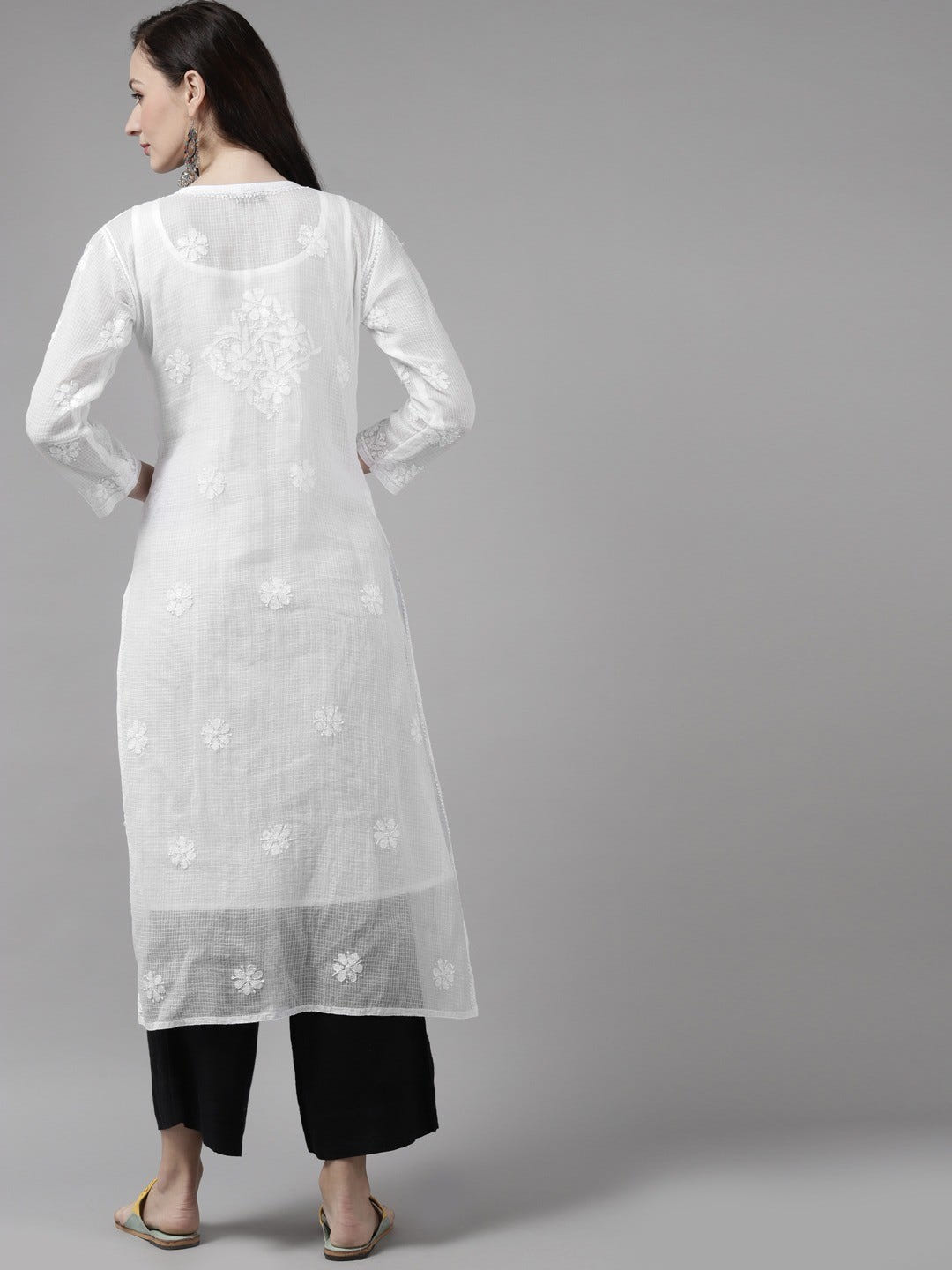 Ada Hand Embroidered White  Kota Lucknow Chikankari Straight Kurta With Slip A411303