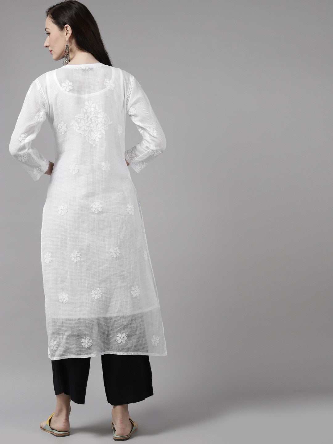 Ada Hand Embroidered White  Kota Lucknow Chikankari Straight Kurta With Slip A411303