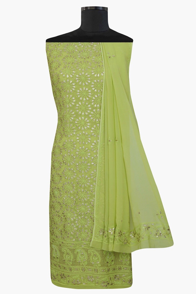 Ada Hand Embroidered Lime Green Georgette Lucknowi Chikan Unstitched Kurta Dupatta With Gota Patti Work–A603525