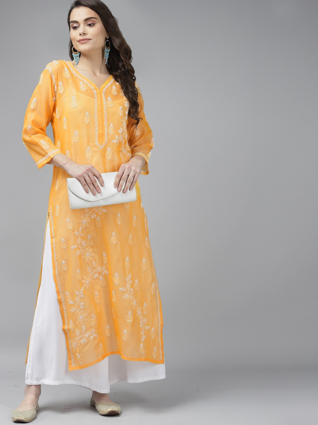 Ada Hand Embroidered Yellow Chanderi Lucknow Chikankari Straight  Kurta A411375