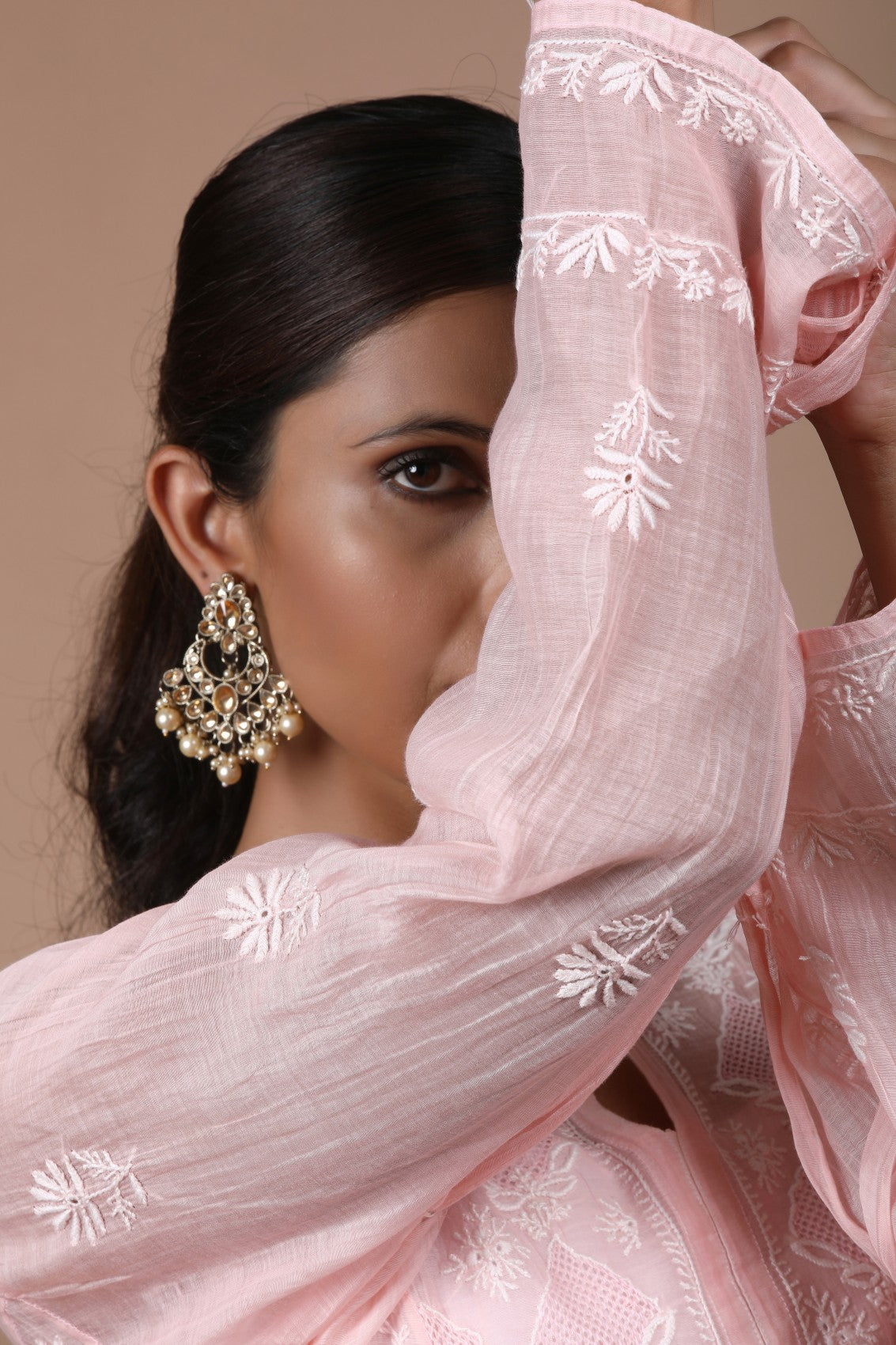 Ada Hand Embroidered Apricot Peach Chanderi Lucknowi Chikankari Semi-Stitched Anarkali Kurta Dupatta Set 01A247815