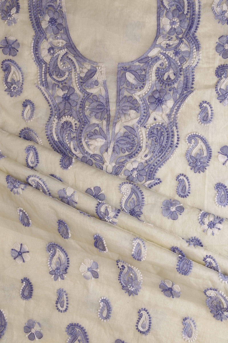 Ada Hand Embroidered Cream Organza Lucknowi Chikan Unstitched Kurta Dupatta Set -A586569