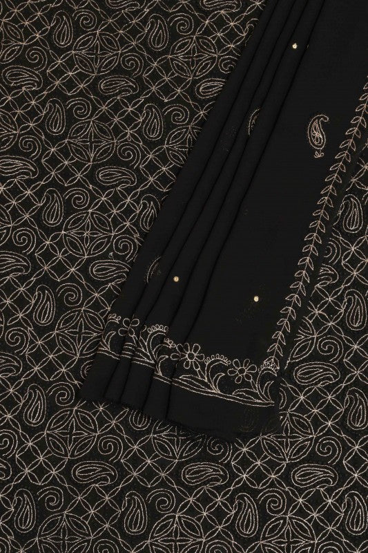 Ada Hand Embroidered Black Pure Georgette Lucknowi Chikan Unstitched Kurta Dupatta Set - A199026