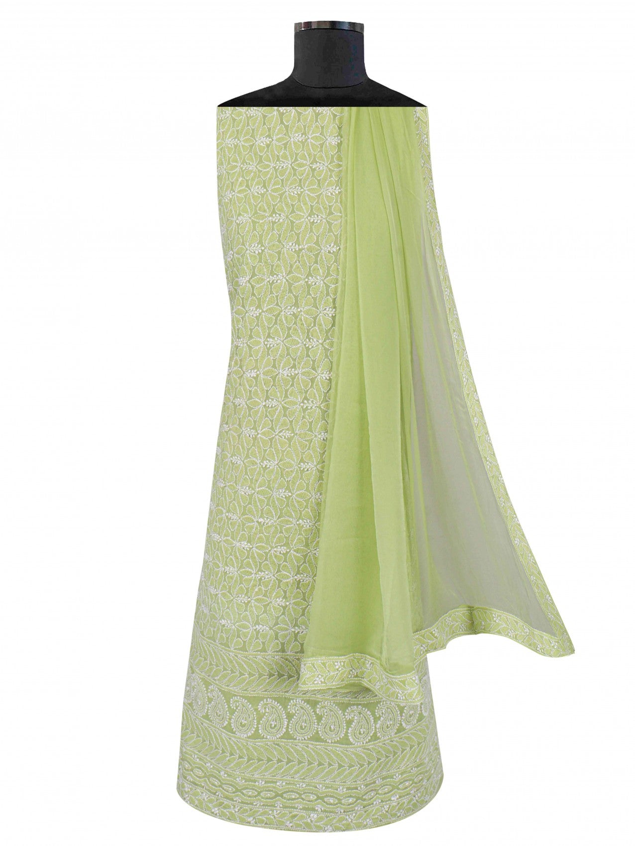 Ada Hand Embroidered Sheen Green Cotton Lucknowi Chikankari Unstitched Suit Piece 01A197623