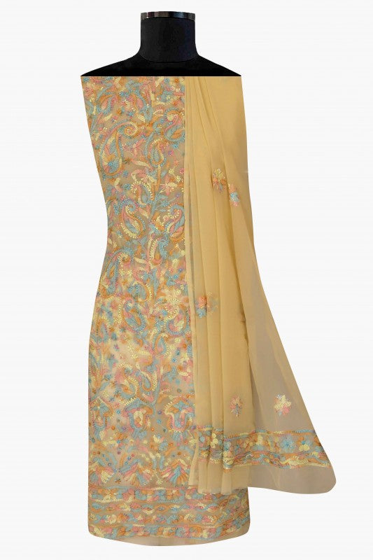 Ada Hand Embroidered Fawn Georgette Lucknowi Chikan Unstitched Suit Piece - A211198