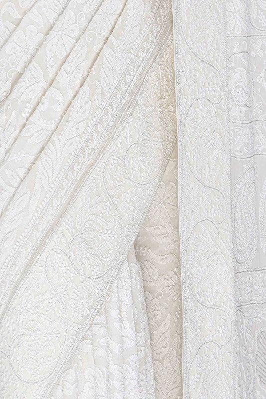 Ada Hand Embroidered White Pure Georgette Lucknow Chikan Saree With Blouse- A594302