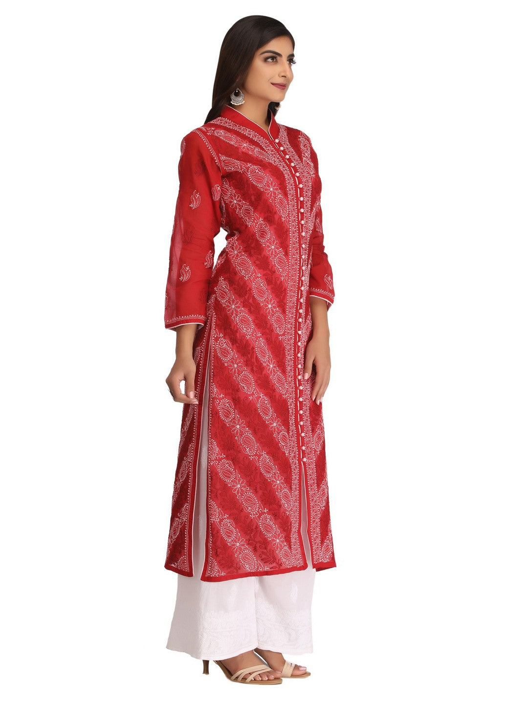 Ada Hand Embroidered Maroon Cotton Lucknow Chikankari Straight Kurta A239008