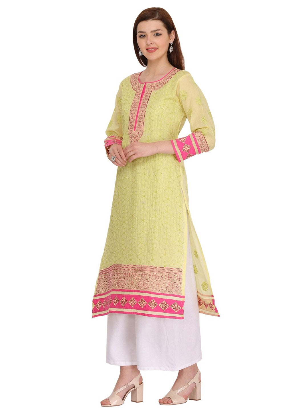Ada Hand Embroidered Green Cotton Lucknow Chikan straight Kurta A273418