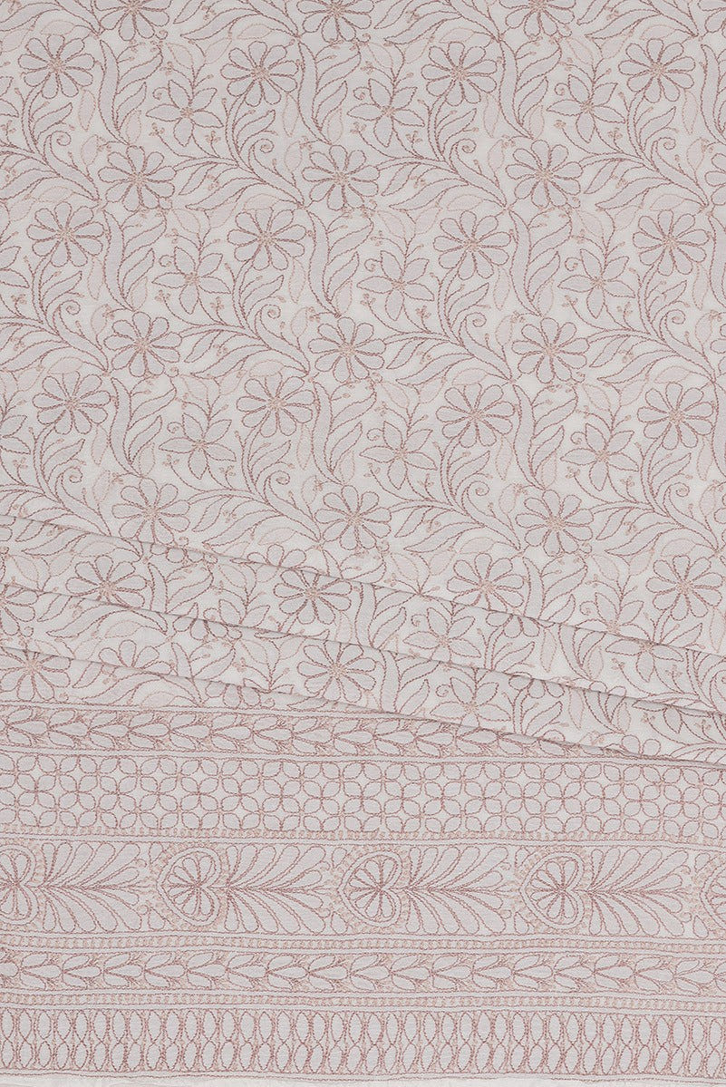 Ada Hand Embroidered Cream Chanderi Lucknowi Chikan Unstitched Kurta Dupatta Set  A586571