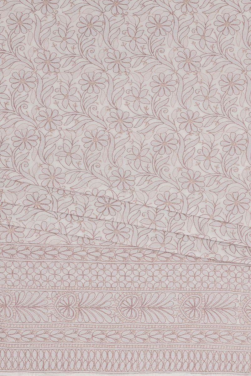 Ada Hand Embroidered Cream Chanderi Lucknowi Chikan Unstitched Kurta Dupatta Set  A586571