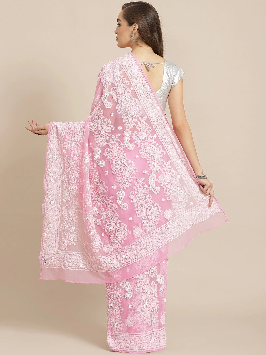 Ada Hand Embroidered Pink Georgette Lucknow Chikan Saree with Blouse A311295
