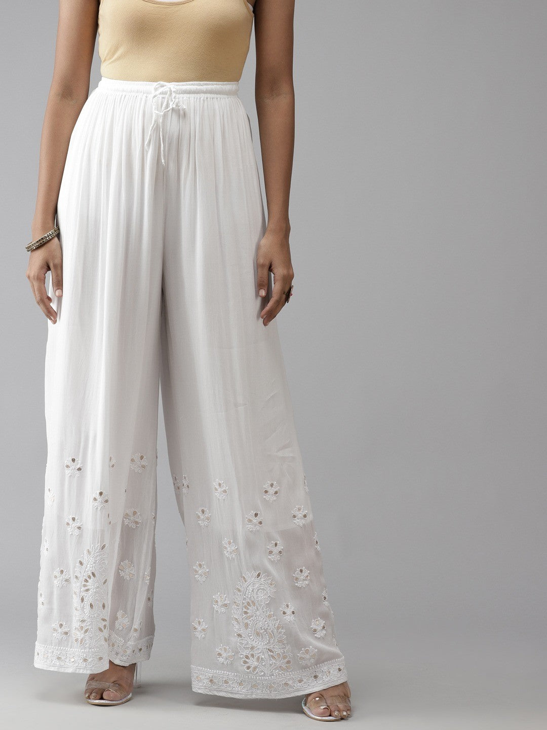Ada Hand Embroidered White Georgette Lucknowi Chikankari Palazzo With Gota Patti Work A711143