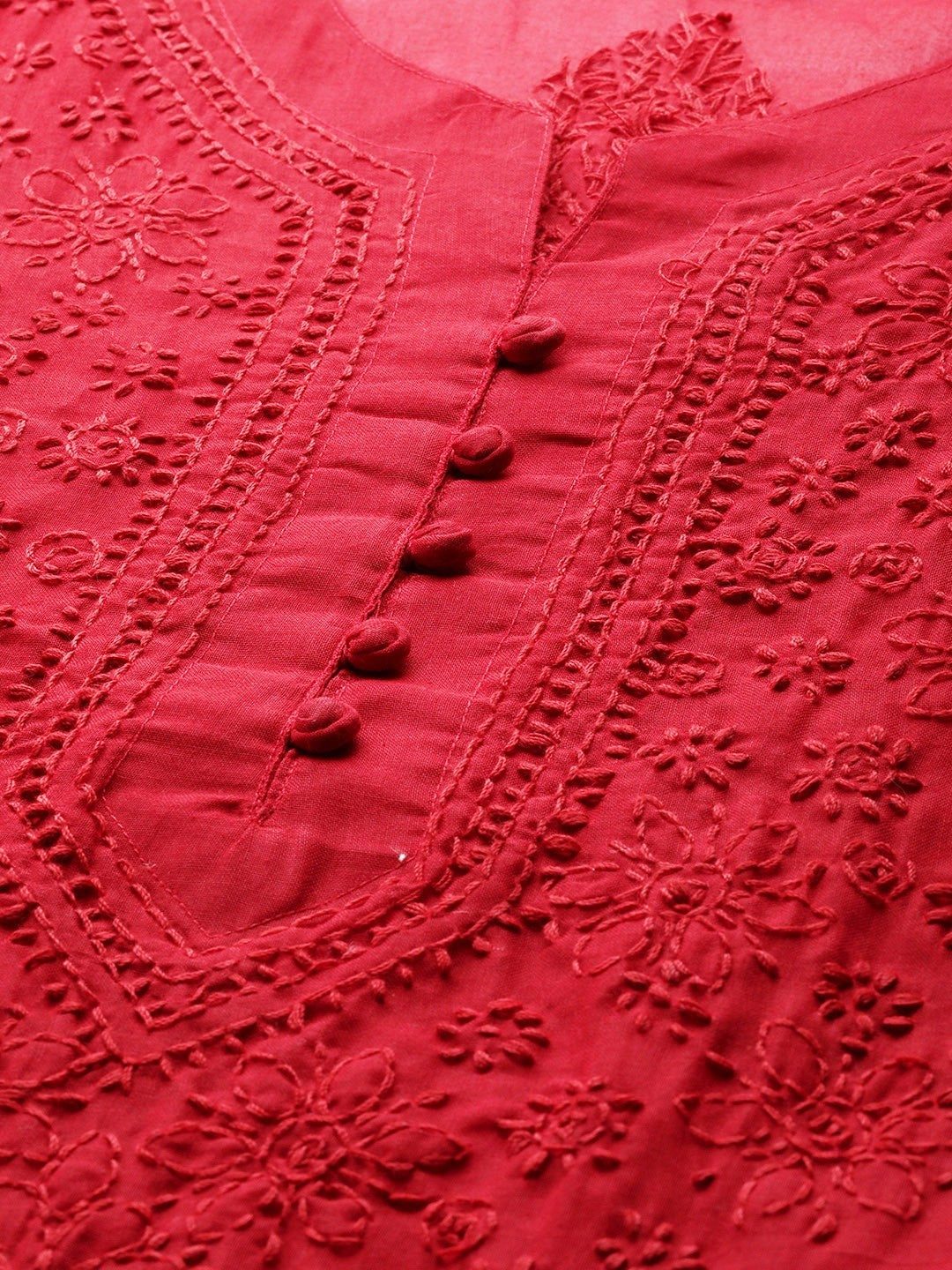Ada Hand Embroidered Red Cotton Lucknowi Chikankari Straight Kurta A100362