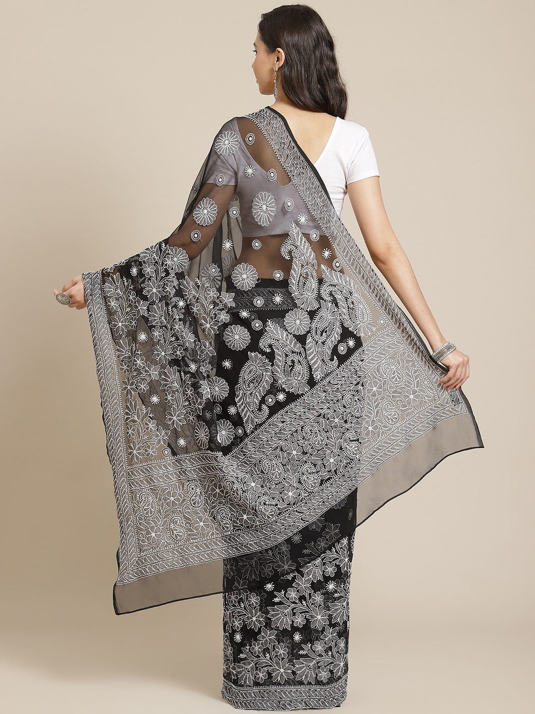 Ada Hand Embroidered Black Georgette Lucknowi Chikankari Saree with Blouse A311338