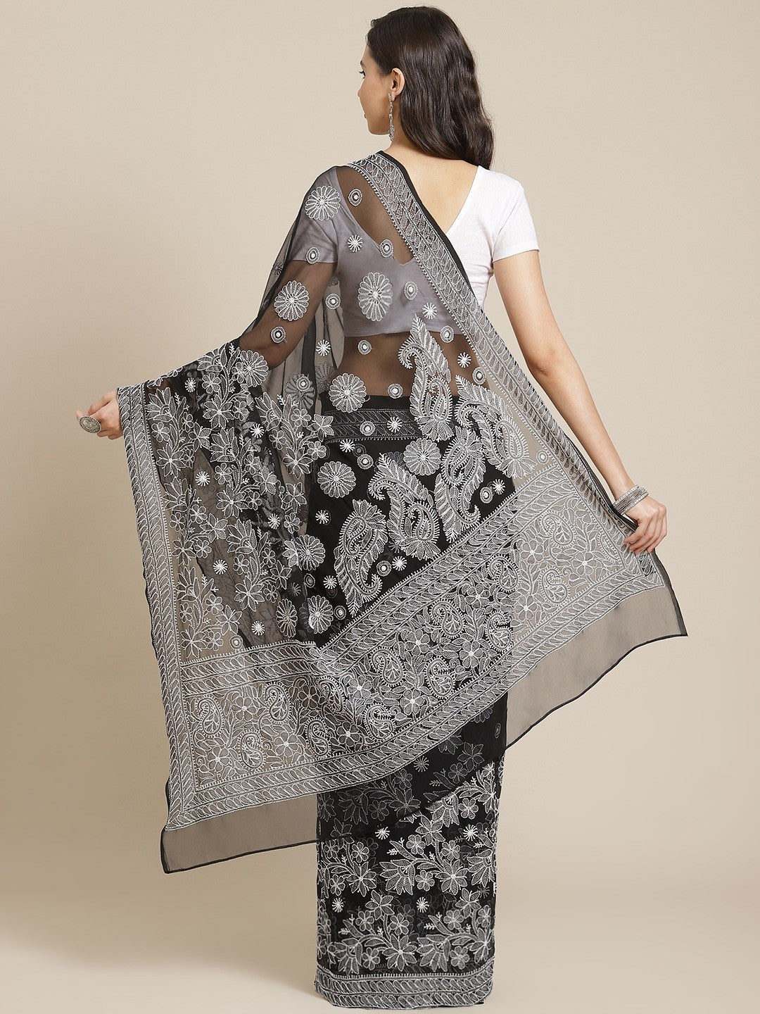 Ada Hand Embroidered Black Georgette Lucknowi Chikankari Saree with Blouse A311338