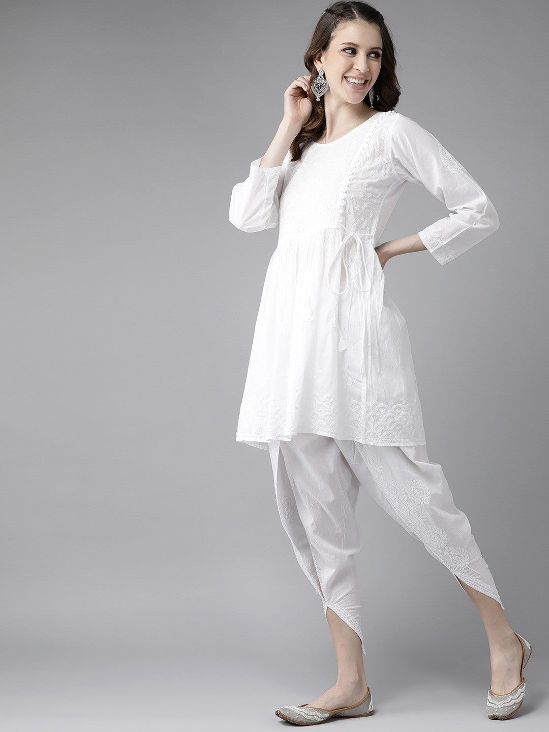Ada Hand Embroidered White Cotton Lucknowi Chikankari Kurta With Dhoti Set A811180